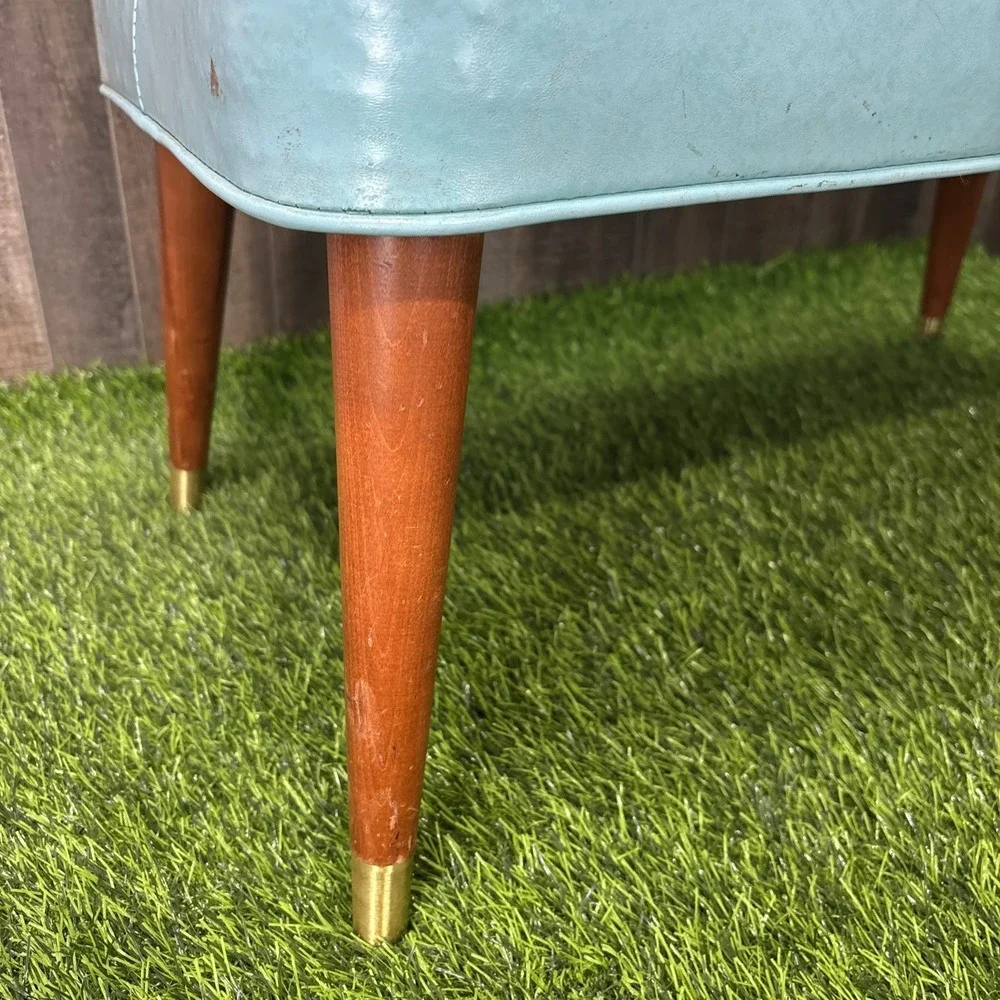 Vintage MCM Vinyl Bench Ottoman Blue Diamond Tufted Needs Repair